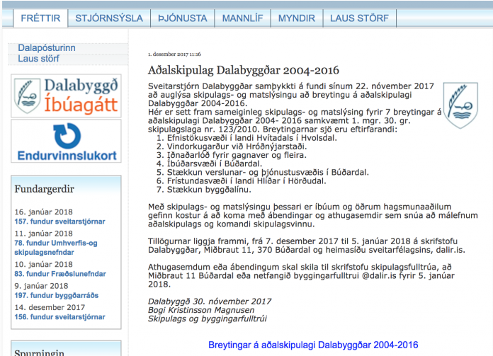 Skjáskot úr tilkynningu á gamla vefnum